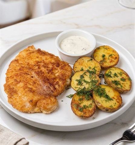 Шницель куриный с бэби картофелем и соусом «тар-тар»